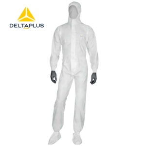 Full-body white protective coverall with hood and boot covers, Delta Plus logo in the corner