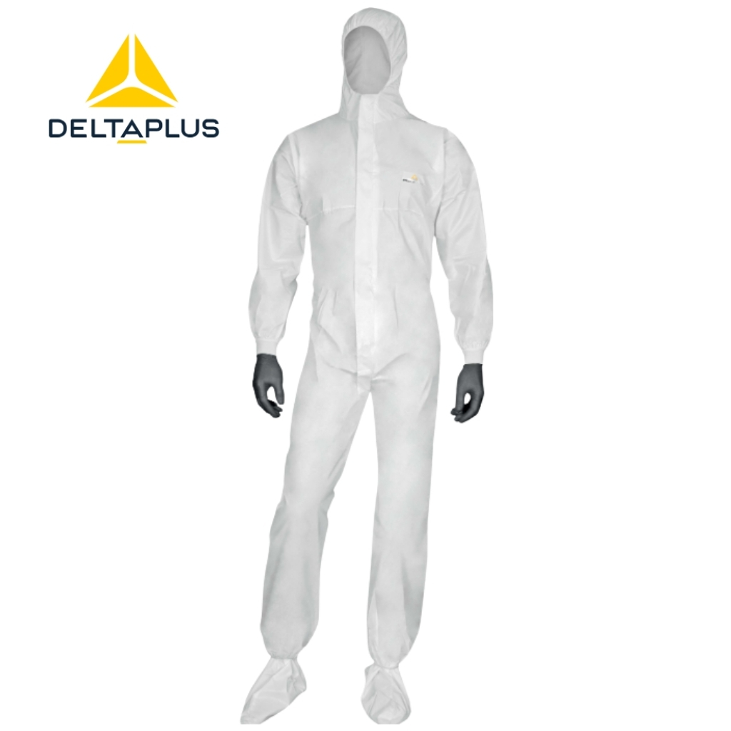 Full-body white protective coverall with hood and boot covers, Delta Plus logo in the corner