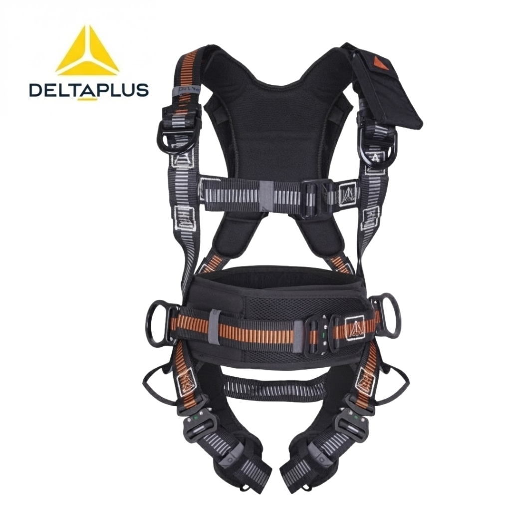 DeltaPlus full‑body safety harness with padded back, chest and leg straps, buckles, and metal D‑rings for fall protection.