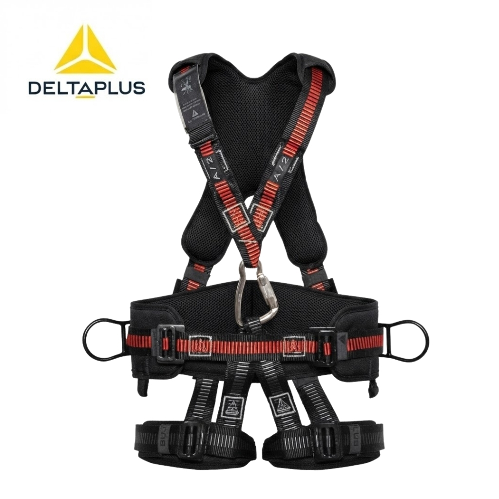 Full-body safety harness with black straps, red stitching, and a central metal connector (DeltaPlus logo shown).