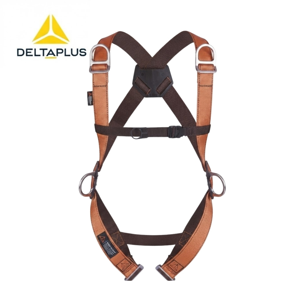 DeltaPlus brown/black full-body safety harness with metal D-rings for fall protection, brand logo visible in corner.