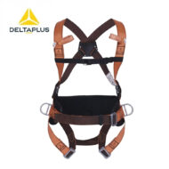 DeltaPlus full-body safety harness with brown and orange straps, metal D-rings at the hips, and back padding for fall protection.