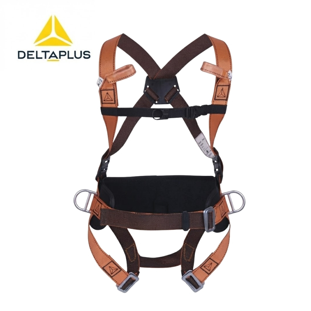 DeltaPlus full-body safety harness with brown and orange straps, metal D-rings at the hips, and back padding for fall protection.