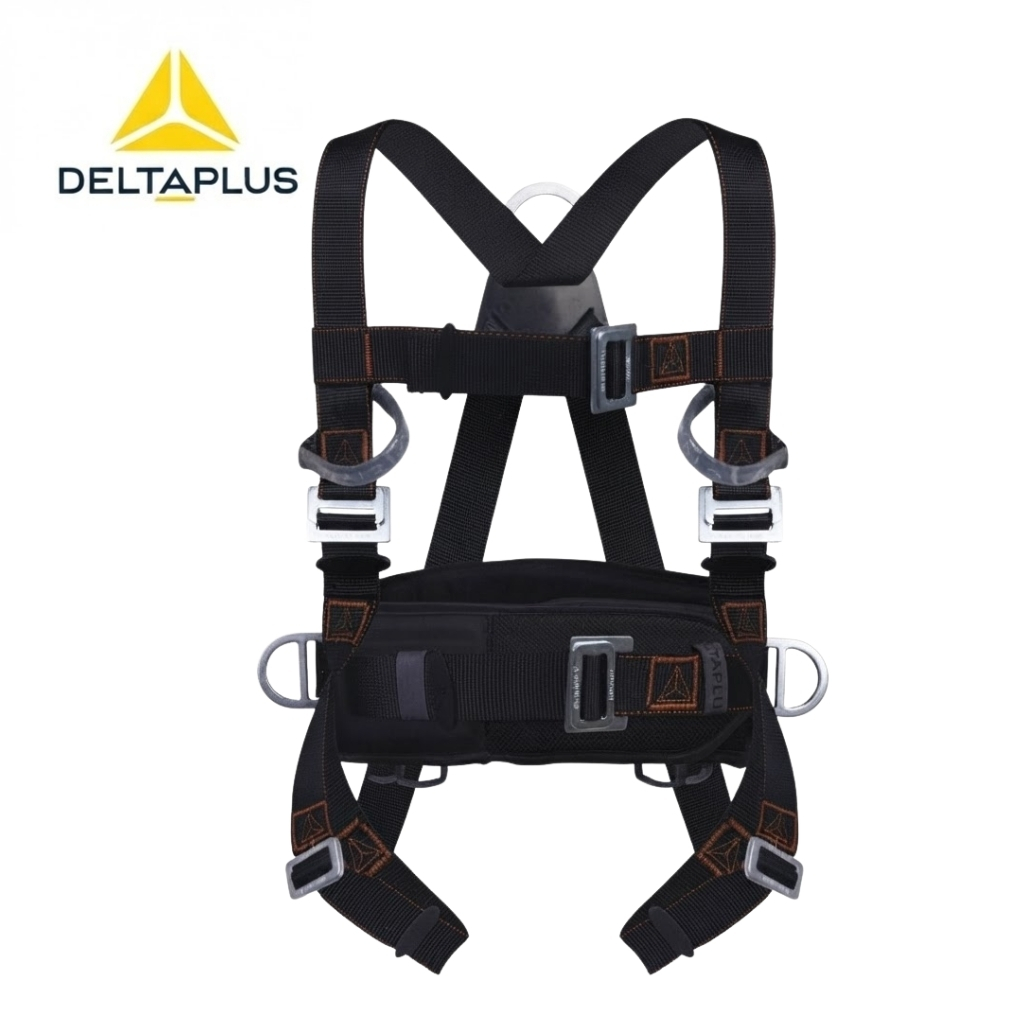 DeltaPlus full-body safety harness with shoulder, chest and leg straps and metal buckles for fall protection.