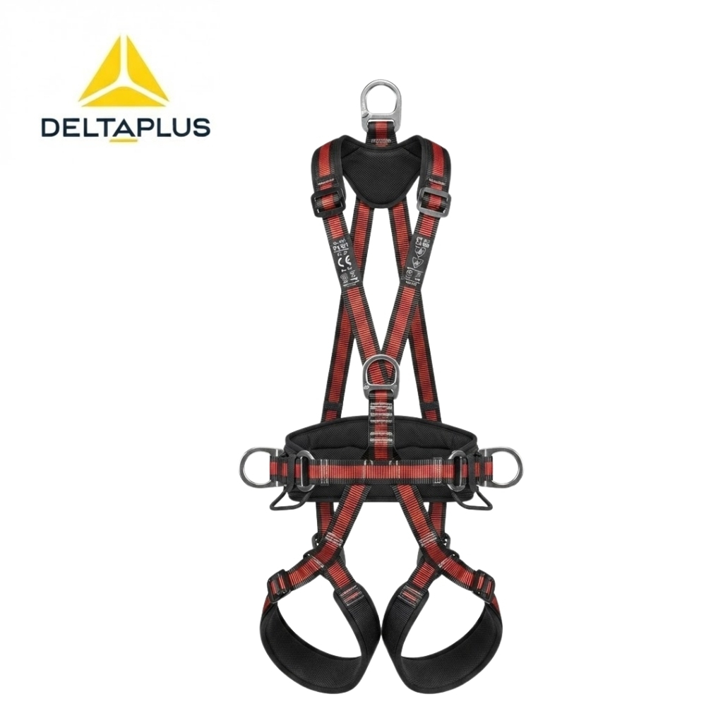 DeltaPlus full-body safety harness with red straps and metal D-rings, for fall protection and climbing work.