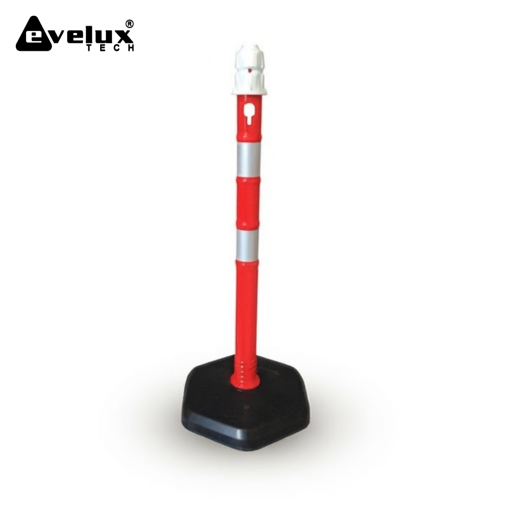 Red and white striped safety post standing on a black square base, branded Evolux Tech.