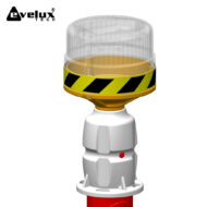 Amber warning beacon with a clear protective dome and a black/yellow hazard band around its base, mounted on a red post; Evolux Tech logo visible in the corner.