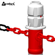 Red hydraulic bottle jack with a silver top and a thick red chain looped around its base, set against a white background.