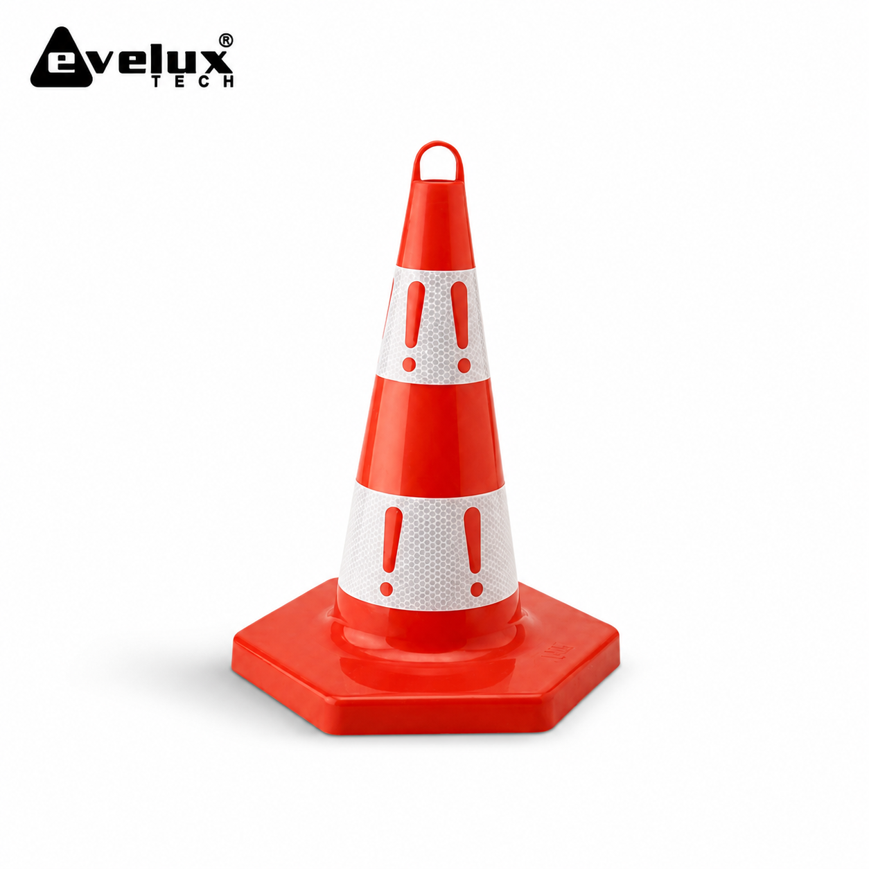 Red safety cone with white reflective bands and red exclamation marks on a white background.