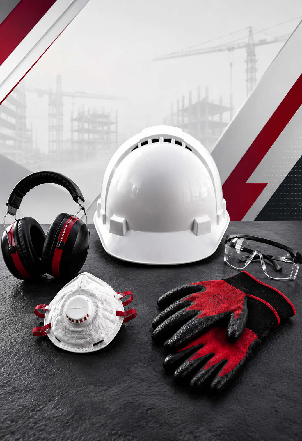 White hard hat, safety goggles, respirator mask, red-and-black protective gloves, and a headset laid out on a dark surface with a construction-site backdrop.