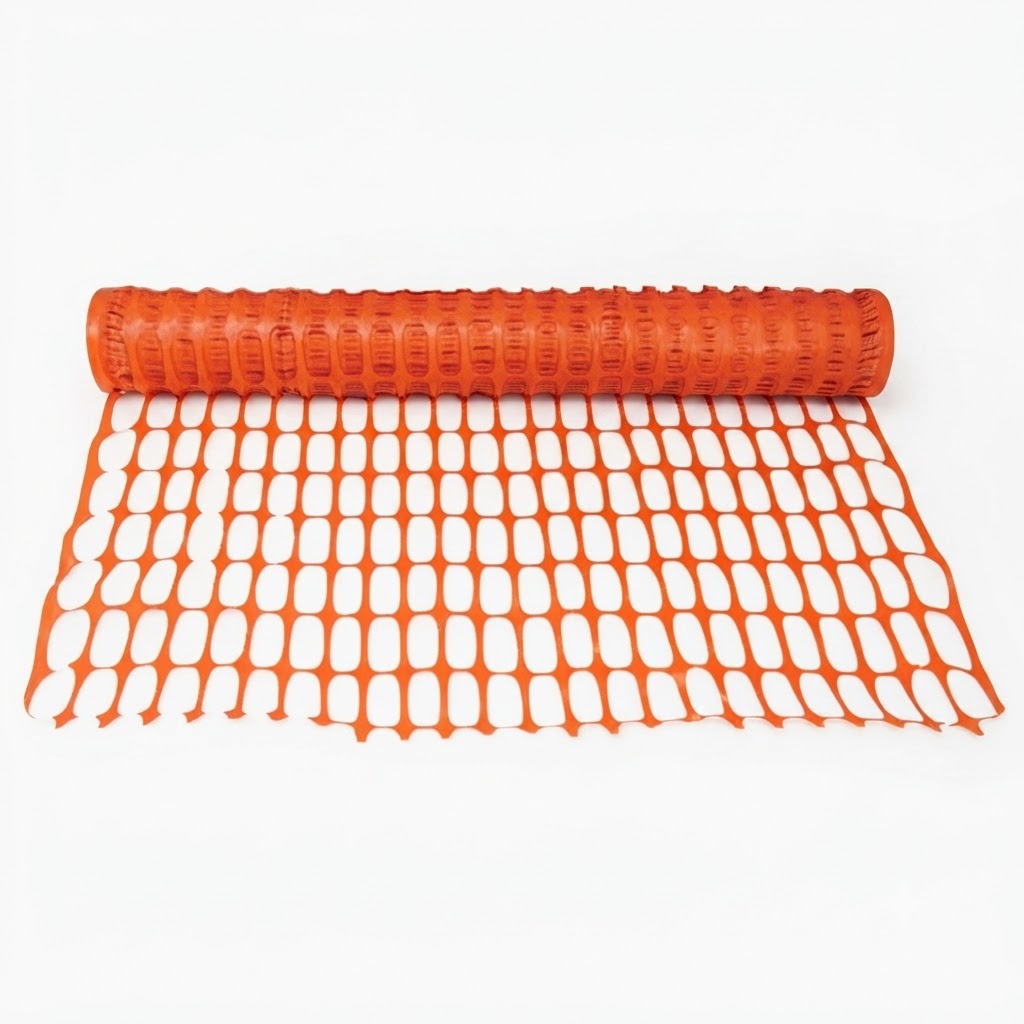 Roll of orange construction safety mesh fencing, partially unrolled on a white background.