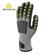 DeltaPlus protective gloves with neon yellow accents and padded knuckles, shown from the back of a hand pose.