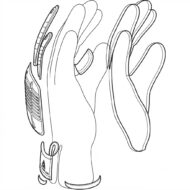 Outlined diagram of a glove with a detachable inner liner, wrist strap, and cuff.