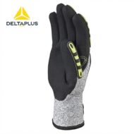 Deltaplus safety glove with black palm, gray speckled cuff and neon yellow accents on a white background.