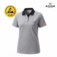 Grey polo shirt with black collar, chest pocket, and ESD badge on the sleeve; Staris Workwear branding visible in the corner.