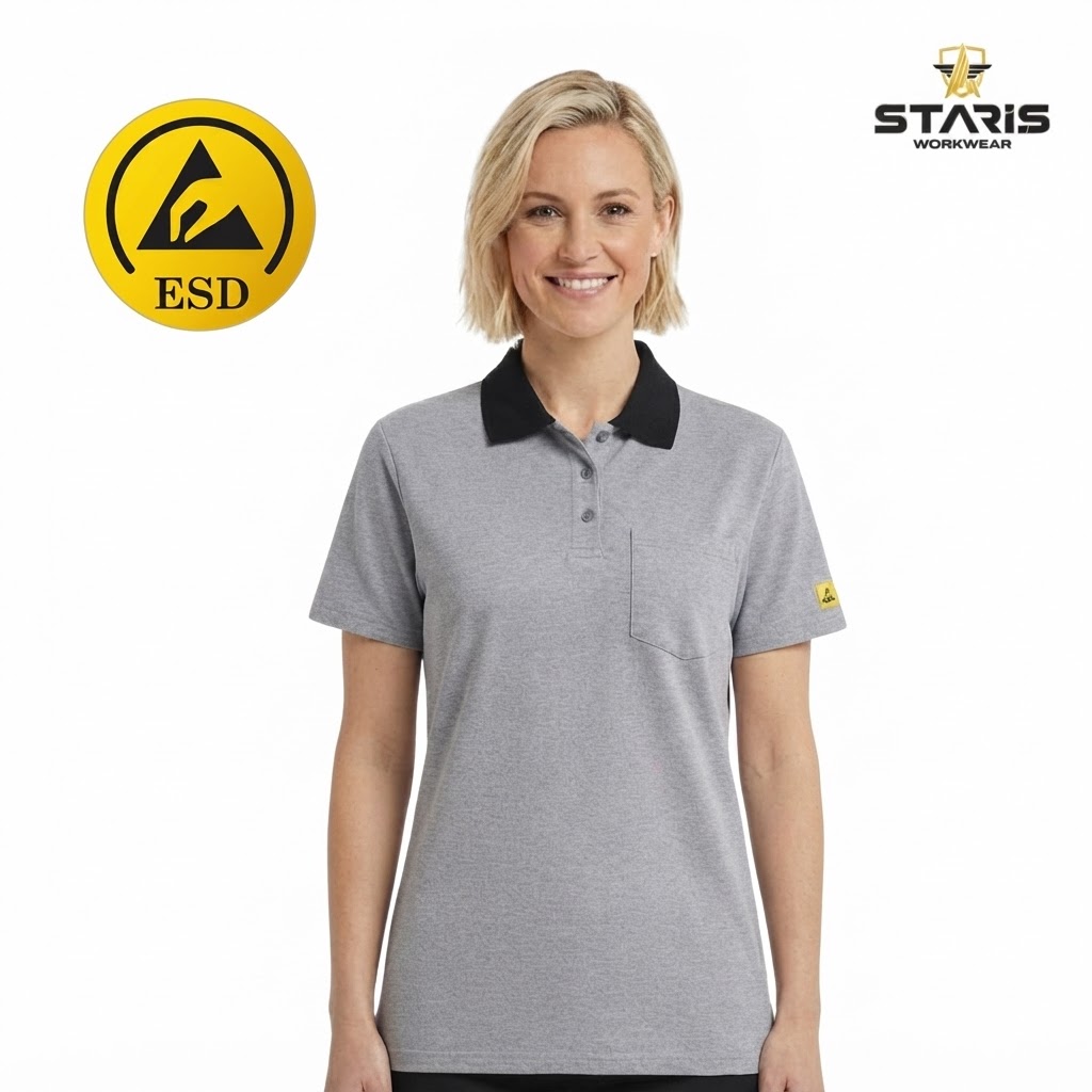 Smiling woman wearing a gray polo shirt with a black collar; yellow ESD badge on the left sleeve.