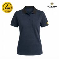 Navy polo shirt with black collar and chest pocket, featuring ESD and Staris Workwear branding visible on the image center and top-right.