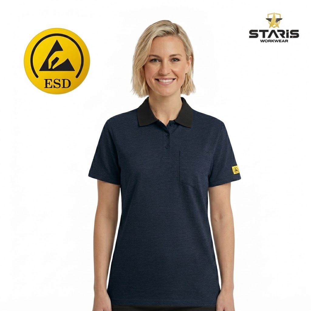 Navy polo shirt with black collar, short sleeves, chest pocket, yellow ESD badge on sleeve, model wearing it; Staris Workwear logo top right and ESD symbol left