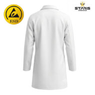 Back view of a white lab coat with an ESD safety badge and the Staris Workwear logo in the corner.