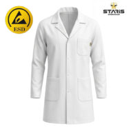 White lab coat with chest and two lower pockets, front button closure, and a clean collared design.