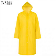 Bright yellow raincoat with hood, front view, buttons down the center.
