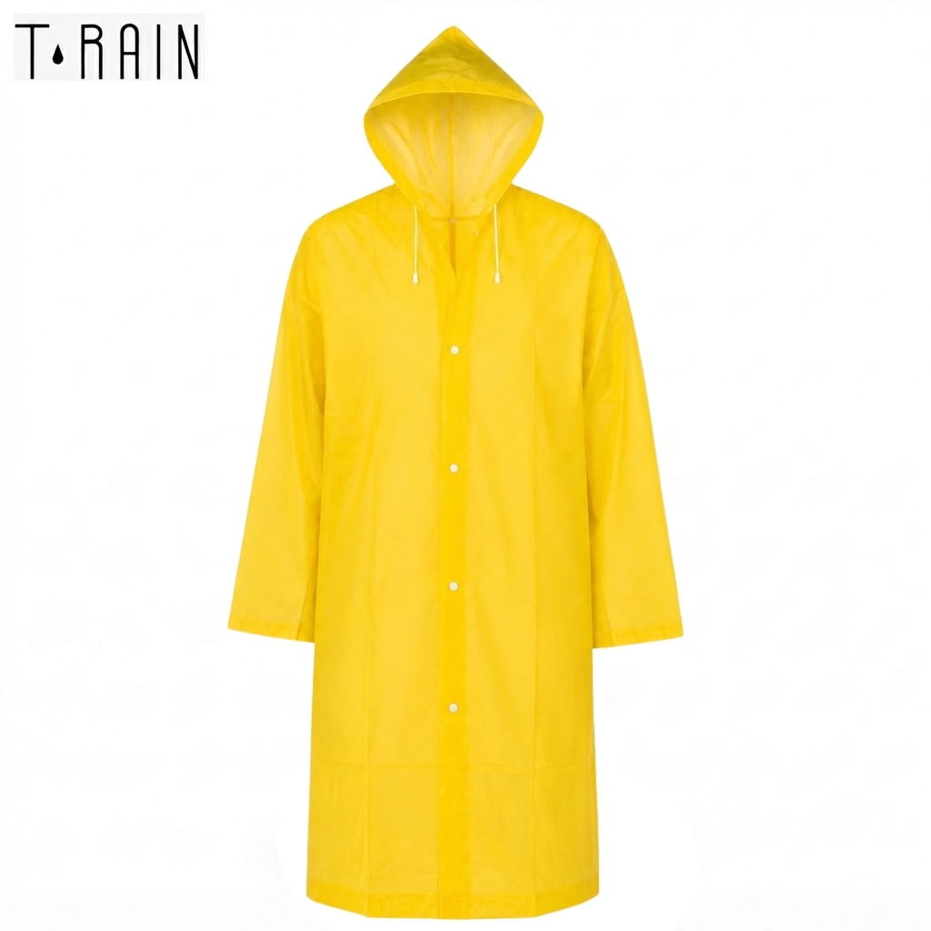 Bright yellow raincoat with hood, front view, buttons down the center.