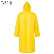 Back view of a bright yellow hooded raincoat at full length with sleeves down and hood up behind.
