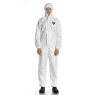 Person in a white protective coverall with hood, badge on the chest, standing against a white background with hands at sides.