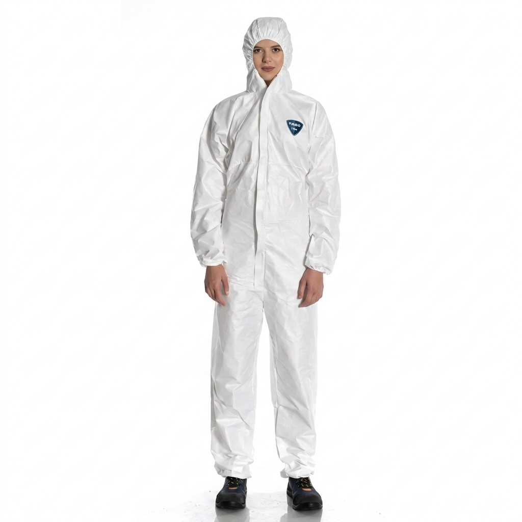 Person in a white protective coverall with hood, badge on the chest, standing against a white background with hands at sides.