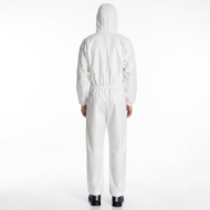 Back view of a person wearing a white protective coverall with hood and elastic waist, standing in neutral pose.