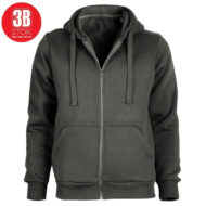 Front view of a dark gray zip-up hoodie with a hood, drawstrings, and two front pockets on a white background.