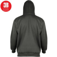Back view of a dark hoodie with the hood up, seen from behind against a white background; red circular logo in the top-left corner.