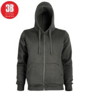 Dark gray zip-up hoodie with hood, drawstrings, and front pockets on a white background.