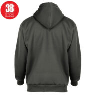 Back view of a dark gray hoodie with hood, ribbed cuffs and waistband, on a white background; red 3B STOCK logo in the top-left corner.