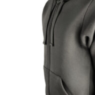 Close-up of a black zip-up hoodie showing the zipper, drawstrings, and fabric texture.