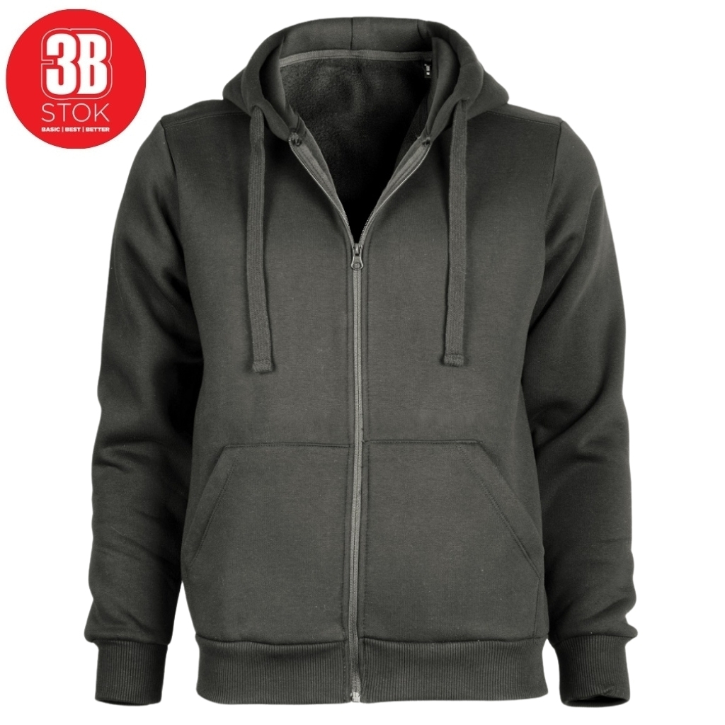 Front view of a dark gray zip-up hoodie with a hood, drawstrings, and two front pockets on a white background.
