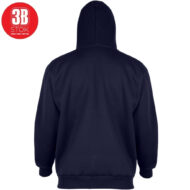 Back view of a navy blue hoodie with the hood up, ribbed cuffs and hem, and a small red circular logo in the top-left corner.