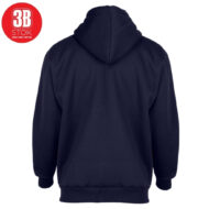 Navy hoodie shown from the back with a hood up and ribbed cuffs and hem, no visible design on the fabric.