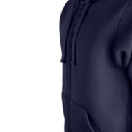Close-up of a dark blue zip-up hoodie with drawstrings and a front pocket on a person, side view.