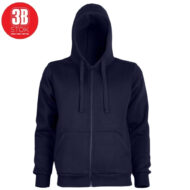 Navy blue zip-up hoodie with a drawstring hood and front kangaroo pockets, plain design. Logo badge in top-left corner.