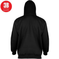 Back view of a plain black hoodie with the hood up, seen from behind; a red circular brand logo appears in the top-left corner.