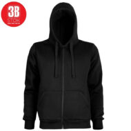 Black zip-up hoodie with front pockets and drawstring hood on a white background.