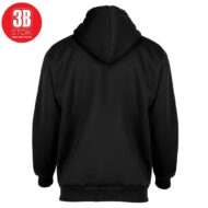 Back view of a black hooded sweatshirt with ribbed cuffs and waistband, plain design on a white background, logo in top-left corner.