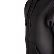 Close-up of a black hoodie worn by a person, showing zipper and drawstrings.