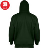 Back view of a dark green hooded sweatshirt with ribbed cuffs and waistband on a white background