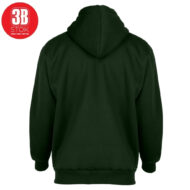 Back view of a dark green hoodie with hood up, ribbed cuffs and hem, plus a red circular '3B STOCK' logo in the top-left corner.