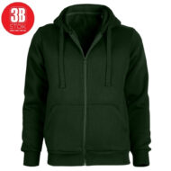 Dark green zip-up hoodie with front pockets and drawstrings on a white background, logo in top-left corner.