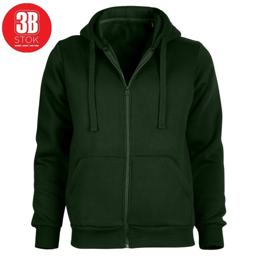 Dark green zip-up hoodie with front pockets and drawstrings on a white background, logo in top-left corner.