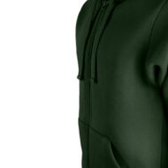 Close-up of a person wearing a dark green hoodie with a zipper and drawstrings visible on the chest area.