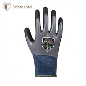 Grey protective glove with black-coated fingertips and blue knit cuff, displaying a 'Full Factor Double' label on the back of the hand.